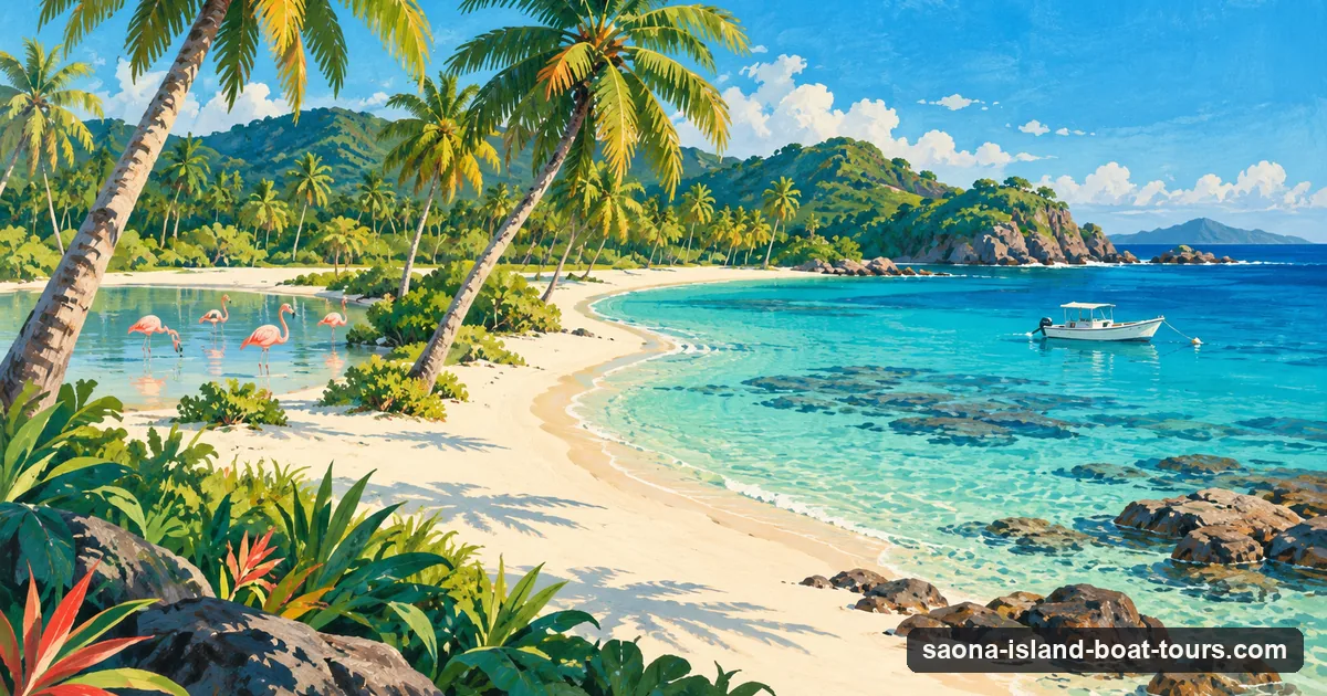 Illustration: an empty curved beach with leaning palms and flamingos in a lagoon behind it, on the quieter side of Saona Island