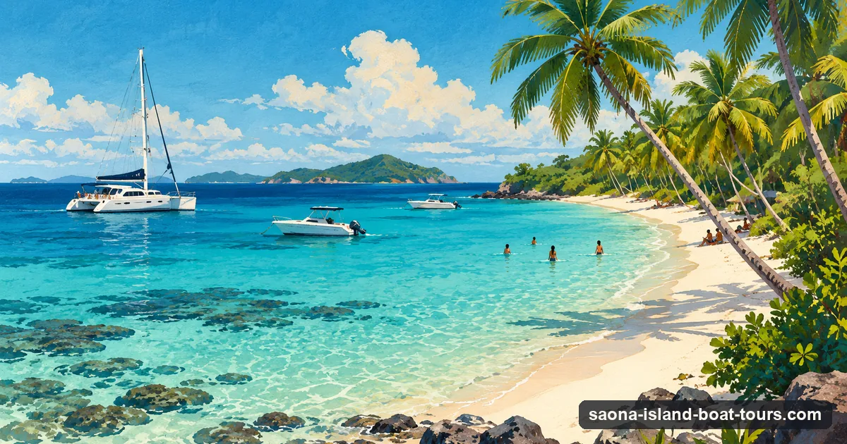 Illustration: a palm-lined white-sand beach on Saona Island with a catamaran and speedboats anchored offshore