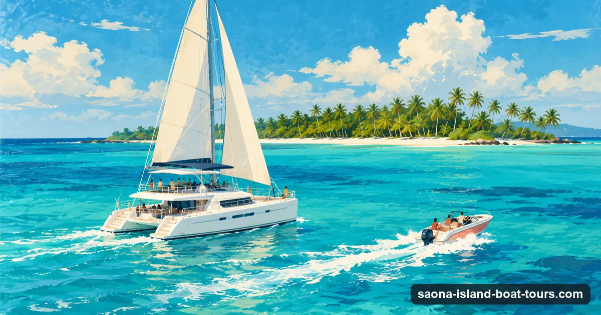 Illustration: a big white catamaran and a fast speedboat crossing turquoise water towards a low palm-covered island