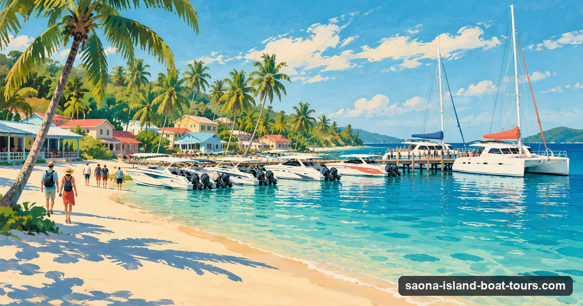 Illustration: tour speedboats and catamarans lined up on the beach at Bayahibe in the morning, the departure point for Saona