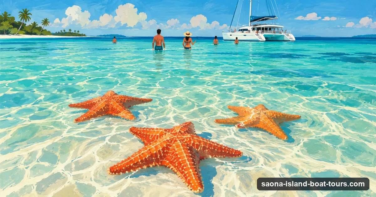 Illustration: large orange starfish on the white sandbar of the natural pool off Saona Island, with waders and a catamaran behind
