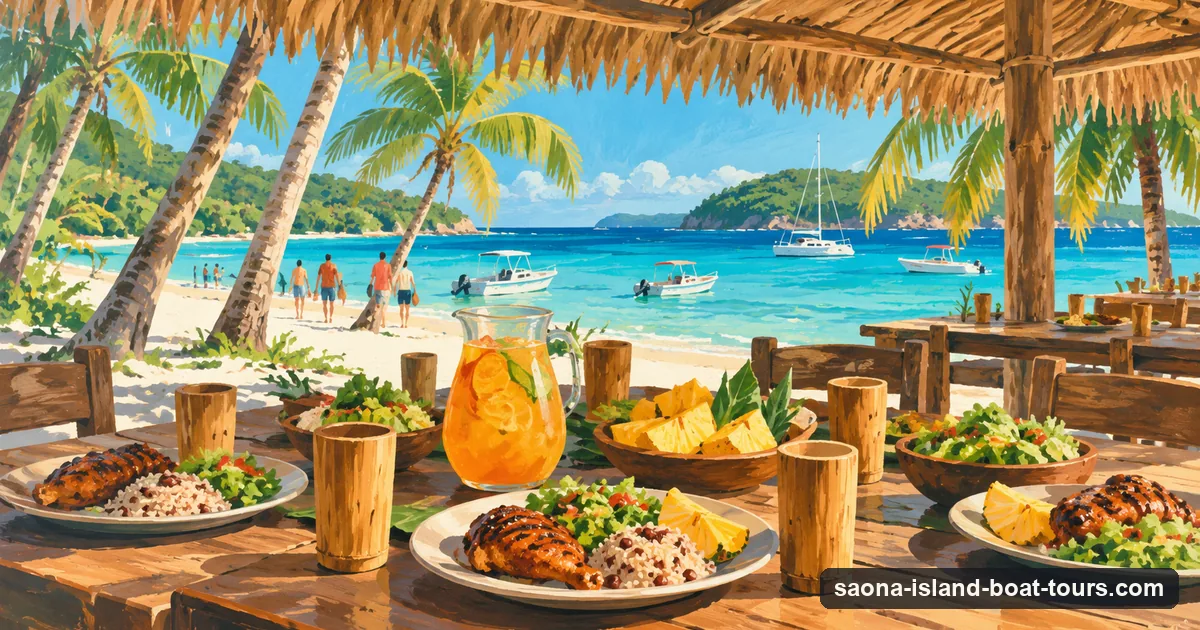 Illustration: a buffet lunch of grilled chicken, rice and beans, salad and pineapple under a palm-leaf shelter on a Caribbean beach